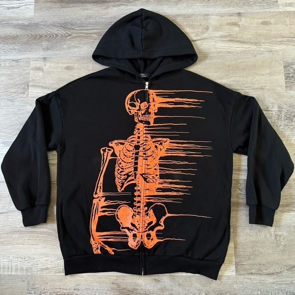 Social Collisions Other - Black and orange skeleton zip up hoodie 00s grunge style y2k skull pile men’s M